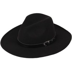 Wide Brim Wool Fedora Panama Hat with Belt Black, One Size